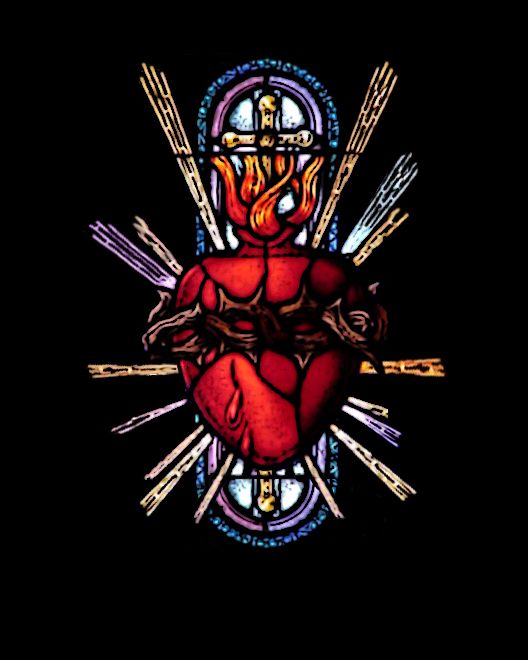 a stained glass window with the image of a heart and cross in it's center