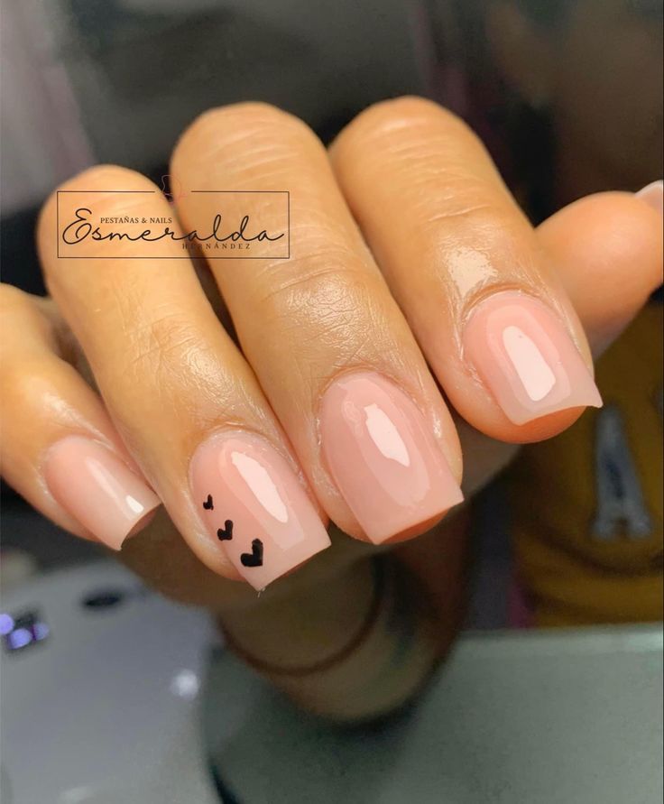 Short Classy Valentine Nails, Short Biab Nail Designs Valentines, Simple Classy Valentines Day Nails, Short Nails Feb 2024, Nude Valentines Day Nails Short, Double Heart Nail Design, Valentines Nude Nails, Valentines Manicure Ideas For Short Nails, One Finger Design Nails