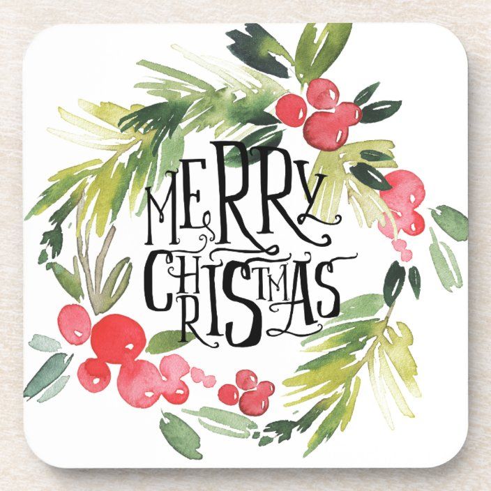 watercolor christmas wreath with the words merry christmas written in black and red on it