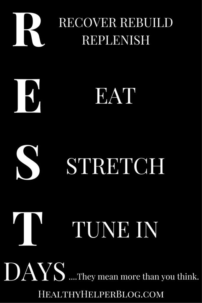 the words rest, eat, stretch and tune in different font styles on a black background