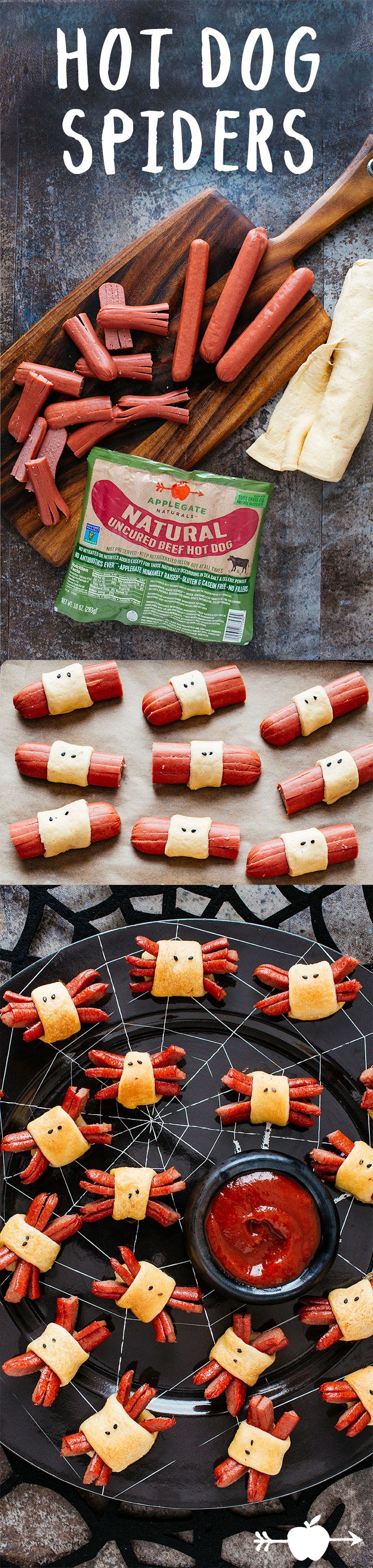 hot dogs and cheese sticks on a grill with the words hot dog spiders above them