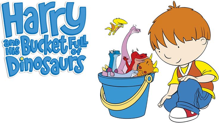 a young boy sitting on the ground next to a bucket full of dinosaurs and an inscription harry and the bucket full of dinosaurs