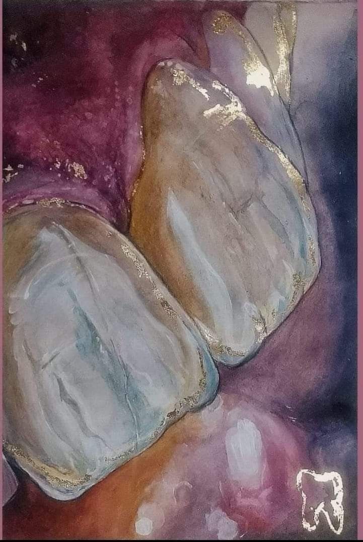 a painting of two rocks on a purple and pink background with gold leafy accents