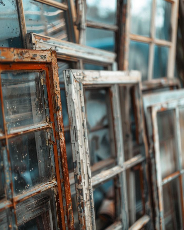 an assortment of old window panes stacked on top of each other