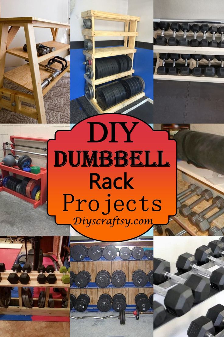 DIY Dumbbell Rack Projects Barbell Rack Diy, Diy Dumbells Rack, Dumbbell Storage Diy, Weight Storage Ideas, Diy Dumbbell Rack, Diy Dumbbell, Work Garage, Diy Gym Equipment, Dumbbell Storage