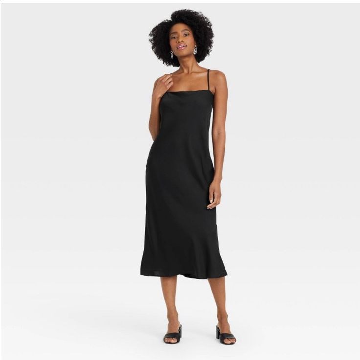 Nwt Black Satin, Slip Dress From Target (A .New Day), Size Medium. Black Fitted Casual Slip Dress, Black Fitted Slip Dress For Brunch, Chic Black Slip Dress For Brunch, Casual Black Slip Dress For Evening, Black Satin Slip Dress, Giraffe Print Dress, White Wrap Dress, Halter Top Dresses, Casual White Dress