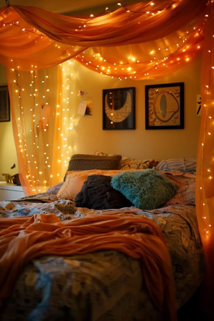 a bed with lights on the headboard and curtains over it's head board