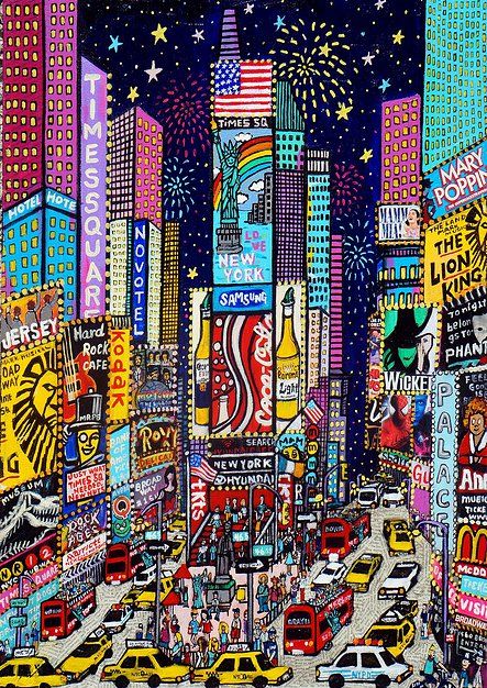 a painting of times square in new york city at night with fireworks and billboards