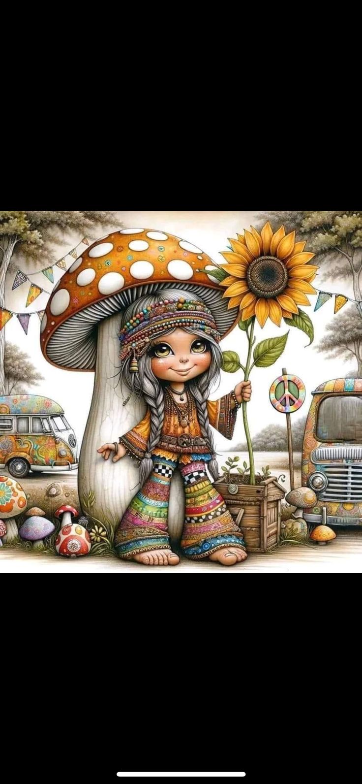 a painting of a girl with a sunflower on her head standing in front of a mushroom