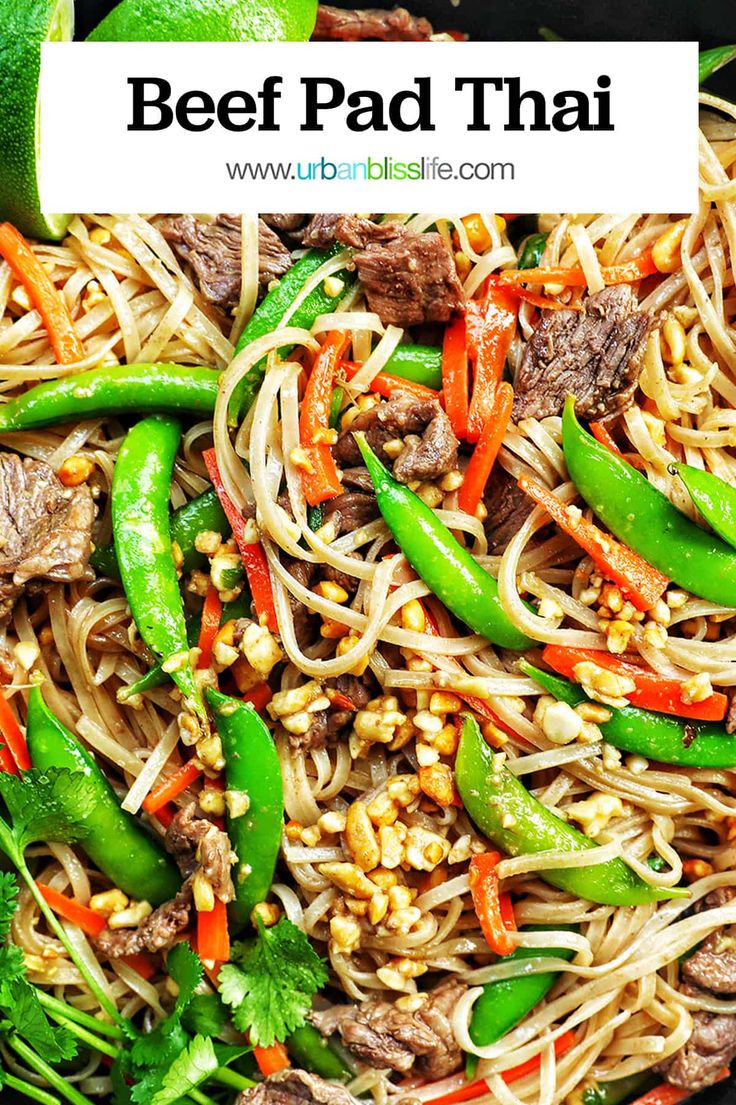 beef pad thai stir fry with green peppers and carrots