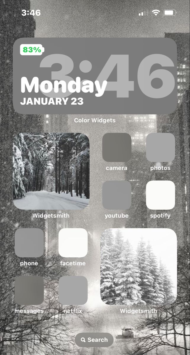 the back cover of an iphone with trees and snow on it, in black and white