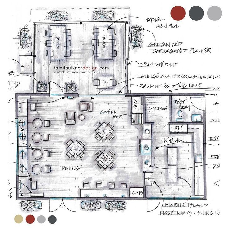 the floor plan for a restaurant with seating areas and kitchen layouts on each side