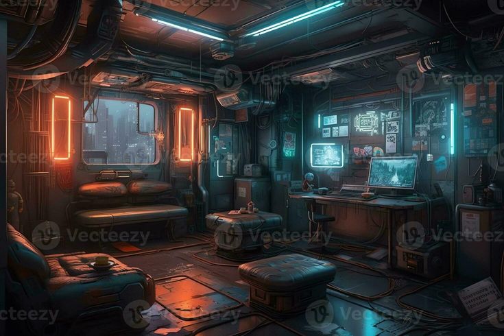 a sci - fi looking room with lots of furniture and neon lights on the ceiling