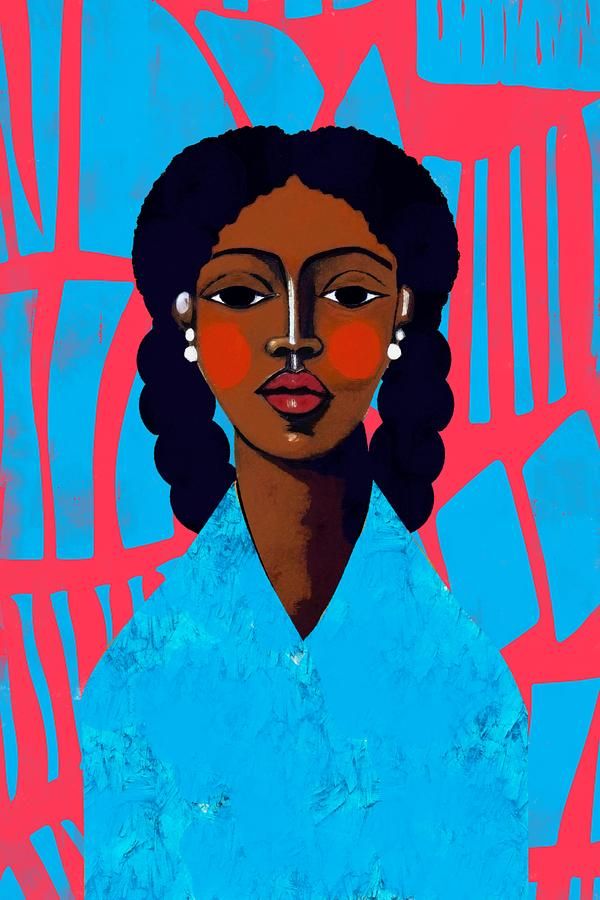 a painting of a woman with black hair and earrings on her face, against a blue background