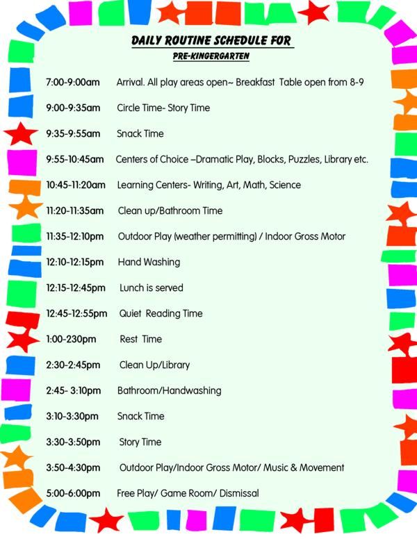 the daily routine schedule for children's playgroups at school, with colorful stars and