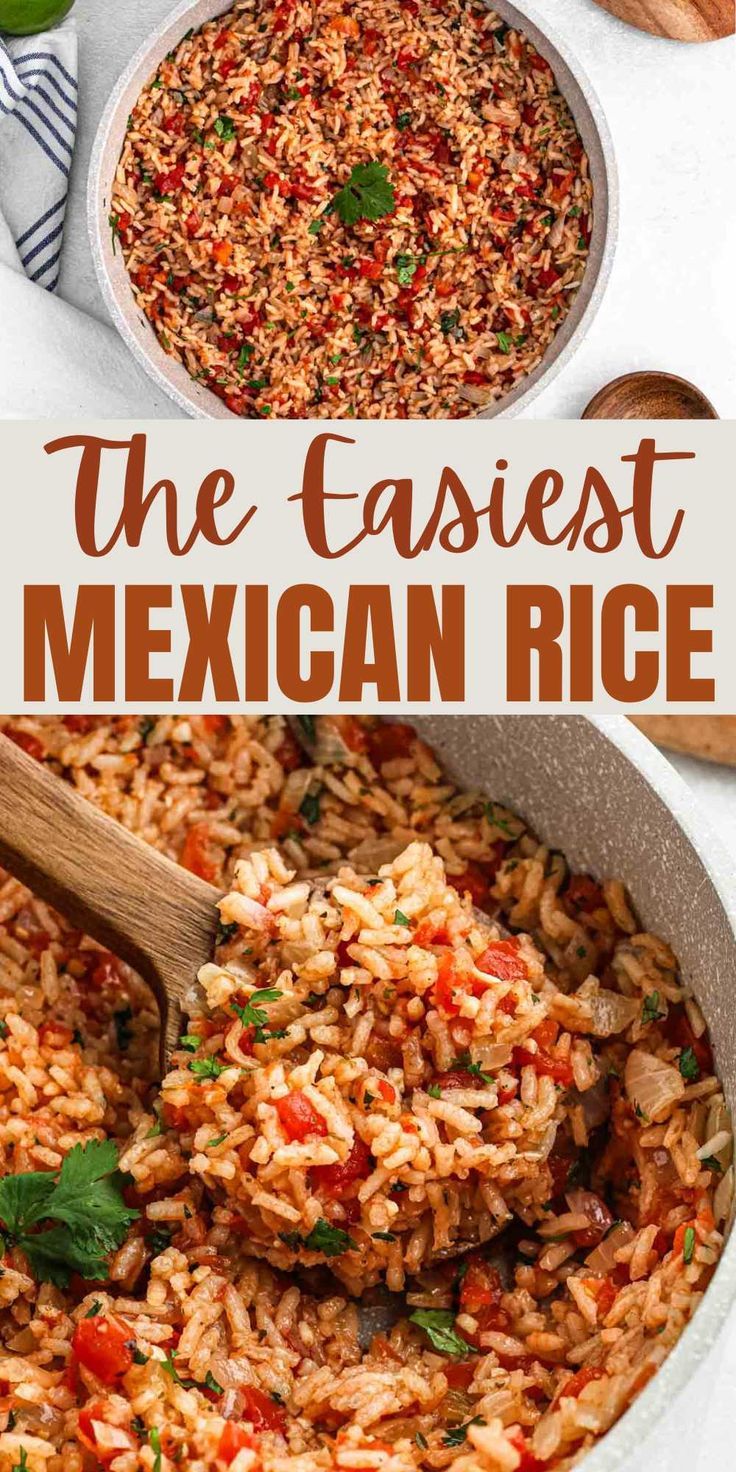 mexican rice in a skillet with text overlay that reads the fastest mexican rice