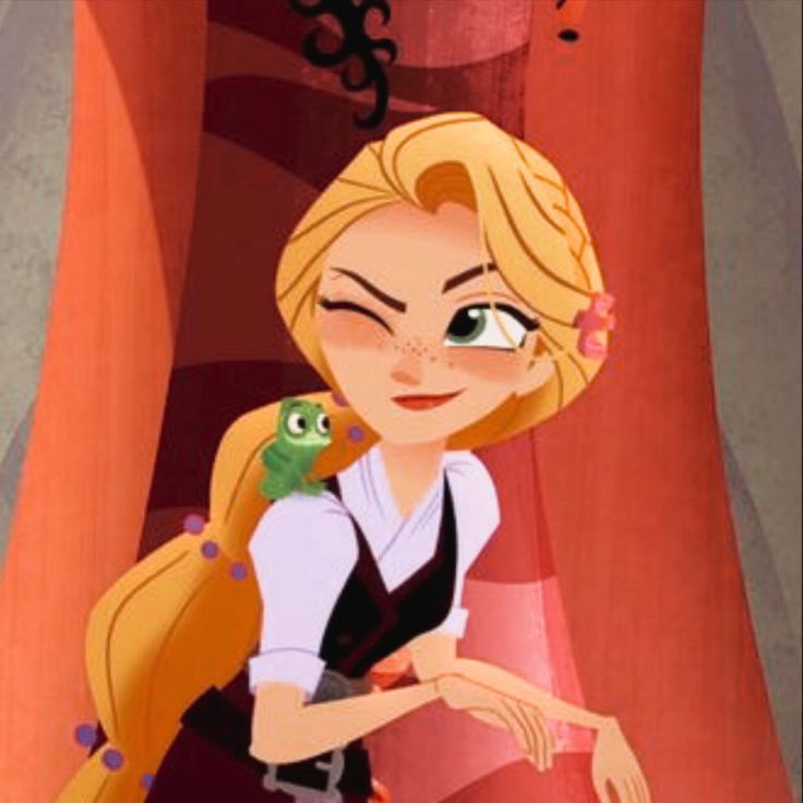 a cartoon girl holding a green bird in her hand