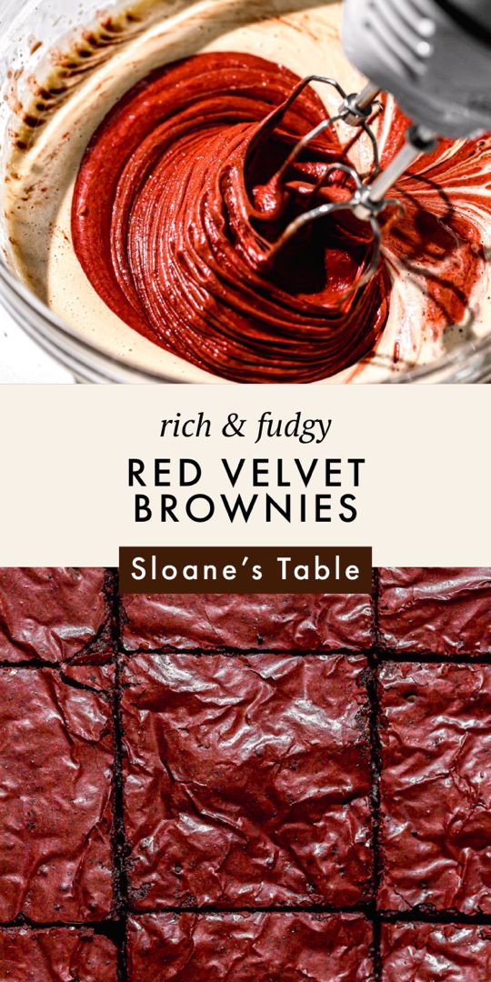 red velvet brownies in a pie pan with the words rich & fudgey