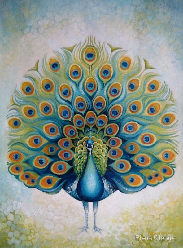 a painting of a peacock with its feathers spread out