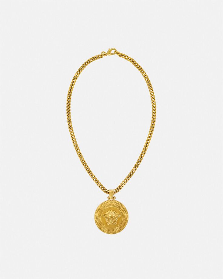 Medusa Biggie Necklace Gold | VERSACE US Gold Medallion Necklace With Logo Charm, Classic Pendant Jewelry With Logo Charm, Yellow Gold Medallion Necklace With Logo Charm, Classic Round Necklace With Logo Charm, Luxury Medallion Jewelry With Logo Charm, Classic Necklace With Coin Pendant, Classic Necklaces With Round Pendant And Logo Charm, Classic Necklace With Logo Charm On Round Pendant, Classic Necklace With Logo Charm And Round Pendant