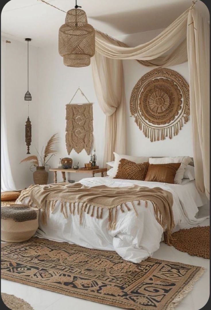 a bedroom with white walls and beige decor