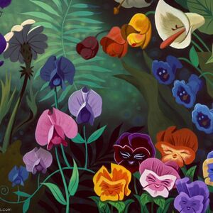 an oil painting of colorful flowers in the dark green grass with leaves and plants behind it