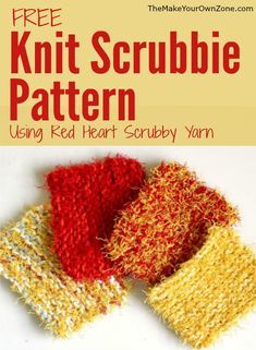 the knit scrubbie pattern is shown in red, yellow and orange colors with text overlay