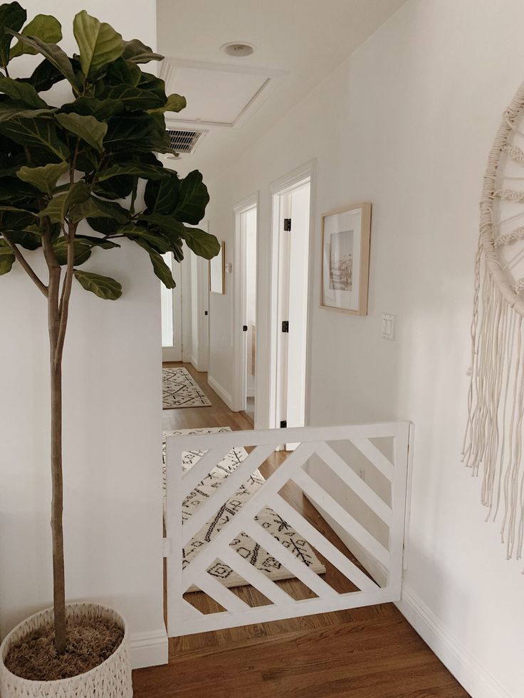 there is a tree in the middle of this hallway with white walls and wood floors