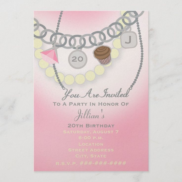 A feminine birthday invitation with a jewelry theme.  Invite features an illustration of a silver charm bracelet with pink jewel, cupcake charm, and two other charms for personalizing with your initial and age.  Design also features pearls and necklace with text "You Are Invited."  Personalize the text with details of your occasion.  Pink background and opposite side. Personalized Pink Charm Necklaces For Party, Pink Personalized Charm Necklaces For Parties, Pink Charm Necklace For Birthday, Pink Charm Necklaces For Birthday, Birthday Charm Bracelet, Bracelet Pearls, Cupcake Charms, Pink Jewels, Pearls Jewelry