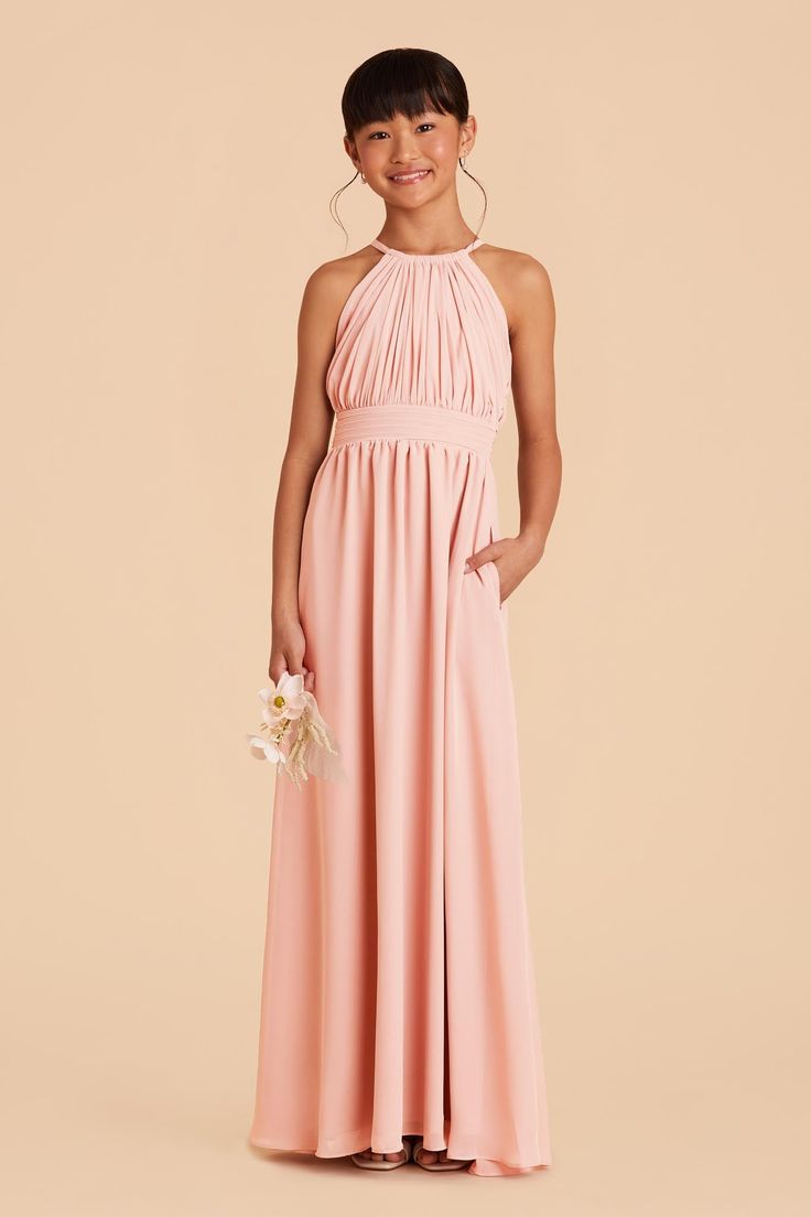 This high-neck halter dress is a dress she can wear again, to the middle school dance or as a wedding guest. Available in Blush Pink. This halter-neck dress is great for a junior bridesmaid on her way to a formal wedding. Pair this stylish junior look with our Kiko or Monica bridesmaid dresses. | Blush Pink Bridesmaid Dress Chiffon Size Large | Birdy Grey Sienna Junior Pink Jr Bridesmaid Dresses, Pink Junior Bridesmaid Dresses, Junior Bridesmaid Dresses Pink, Junior Bridesmaid Dresses Blush, Blush Pink Bridesmaid Dress, High Neck Halter Dress, Pink A-line Chiffon Bridesmaid Dress, Pink Floor-length Chiffon Bridesmaid Dress, Middle School Dance