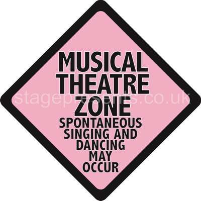 a pink and black sign that says musical theatre zone with the words'spontaneous singing and dancing may occur '