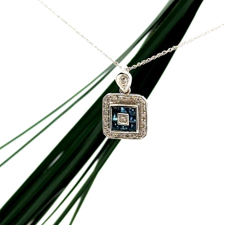 Vintage 14K White Gold Diamond 0.20ct Square Blue Sapphire Necklace  A perfect gift for your loved one for any occasion or holiday!  Total Diamond: 0.20ct Necklace Weight: 2.44g Necklace Length: 18 inches  Pendant Length: 11.51mm Pendant Width: 11.44mm Necklace Closure: Spring Ring Item will be placed in a gift box. * Fine Jewelry Blue Necklace For Anniversary, Blue Fine Jewelry Necklace For Anniversary, Blue Necklaces For Anniversary In Fine Jewelry Style, Sapphire Diamond Necklace With Sterling Silver Accents, Sapphire Diamond Necklace With Sterling Silver, Anniversary Sapphire Necklace With Single Cut Diamonds, Blue Diamond Necklaces For Anniversary, Blue Round Necklaces With Single Cut Diamonds, Sapphire Diamond Necklace Fine Jewelry Gift