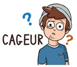 a man with a hat on his head is looking at the word cageur