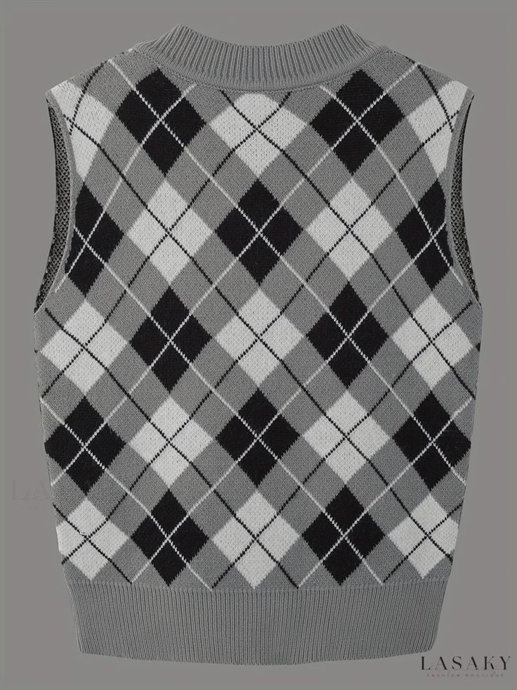 Lasaky - Introducing Our Womens Argyle Pattern Sleeveless Crop Sweater Vest - A Casual V-Neck Sweater Ideal for Fashionable Spring and Fall Wear Luxury Casual Argyle Pattern Sweater, Crop Sweater Vest, Fall Care, Argyle Pattern, Fall Wear, Deep Gray, Crop Sweater, Vintage Fabric, V Neck Sweater