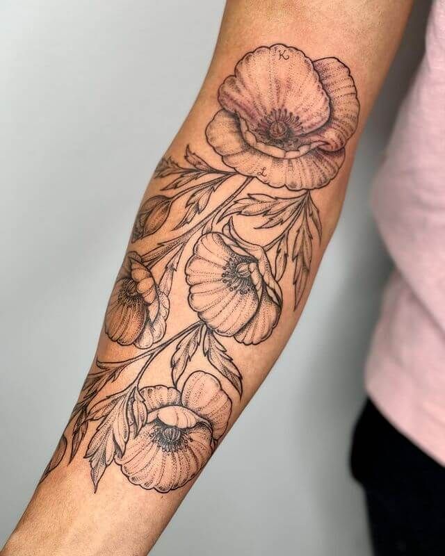 Poppy tattoo Poppy Bunch Tattoo, Poppy Flash Tattoo, Shaded Poppy Tattoo, Mens Poppy Tattoo, Poppy Flower Hand Tattoo, Poppy Arm Tattoos For Women, Iceland Poppy Tattoo, Poppy Ankle Tattoo, Poppy Flower Spine Tattoo