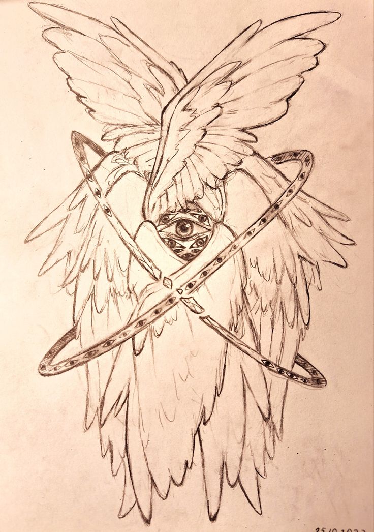 a drawing of an owl with two arrows in it's beak and wings on its back