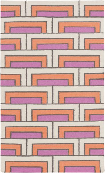 an orange and pink rug with squares on it