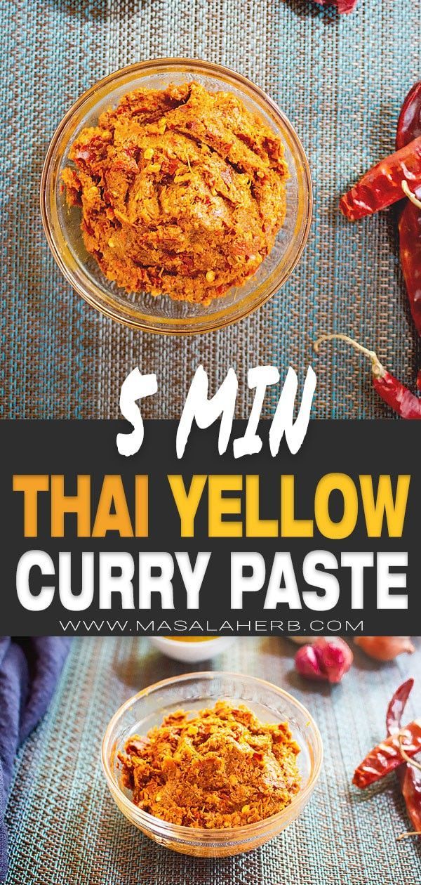 thai yellow curry paste with chili peppers in the background and text overlay that reads, s m y thai yellow curry paste