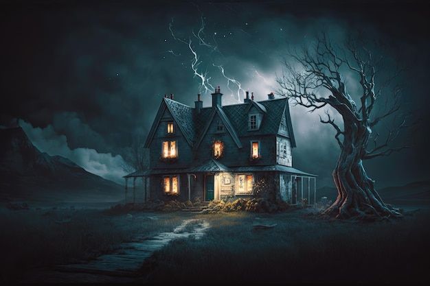 a creepy house in the middle of a field at night with lightning coming from behind it