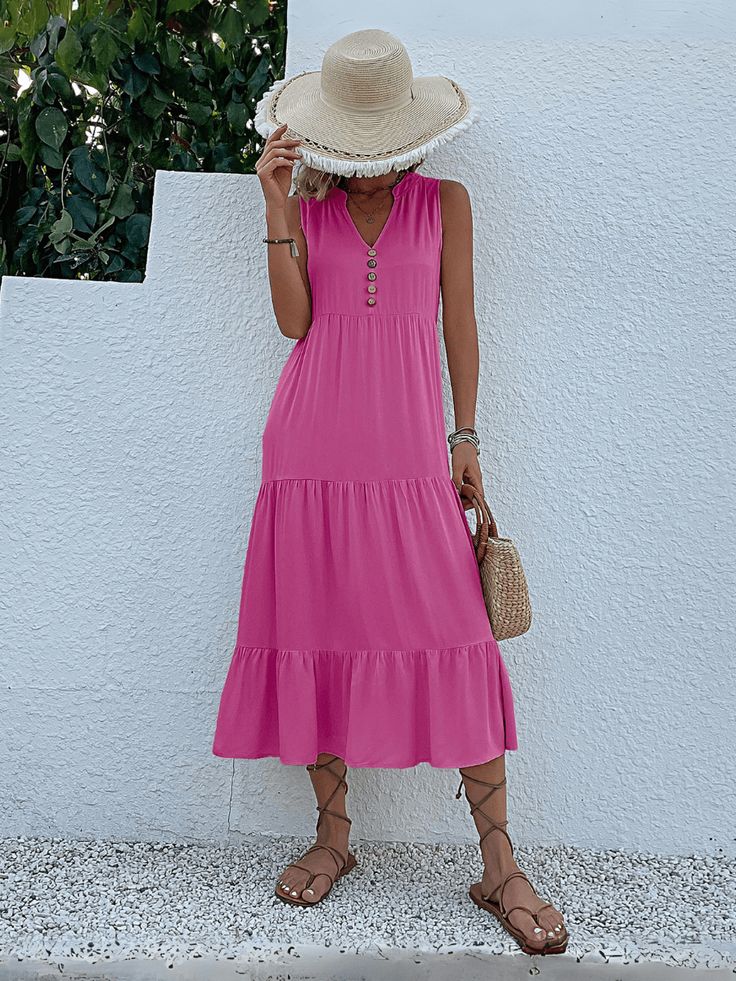 Magenta Flowy Tiered Midi Dress Casual, Flowy Tiered Casual Midi Dress, Flowy Tiered Midi Dress Casual Style, Casual V-neck Tiered Dress For Beach, Casual Solid Color Maxi Dress For Vacation, Casual Solid Sundress For Vacation, Casual Solid Color Sundress For Vacation, Solid Tiered Midi Dress For Beach, Solid Color Tiered Midi Dress For Summer