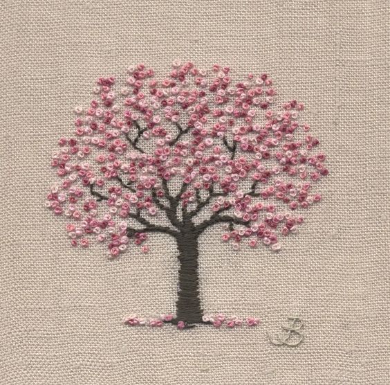 a tree with pink flowers on it is shown in the middle of a cross stitch pattern