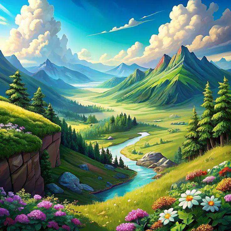 a painting of mountains and flowers in the foreground with a river running through it