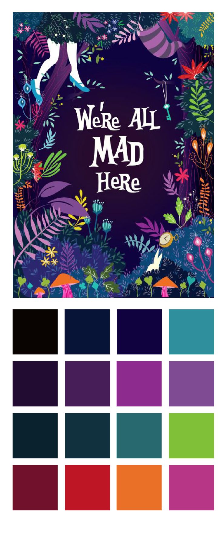 the color scheme for we're all mad here, with an image of birds and plants