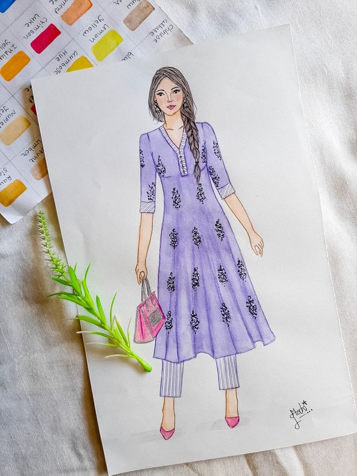 a drawing of a woman wearing a purple dress and holding a pink purse next to color swatches