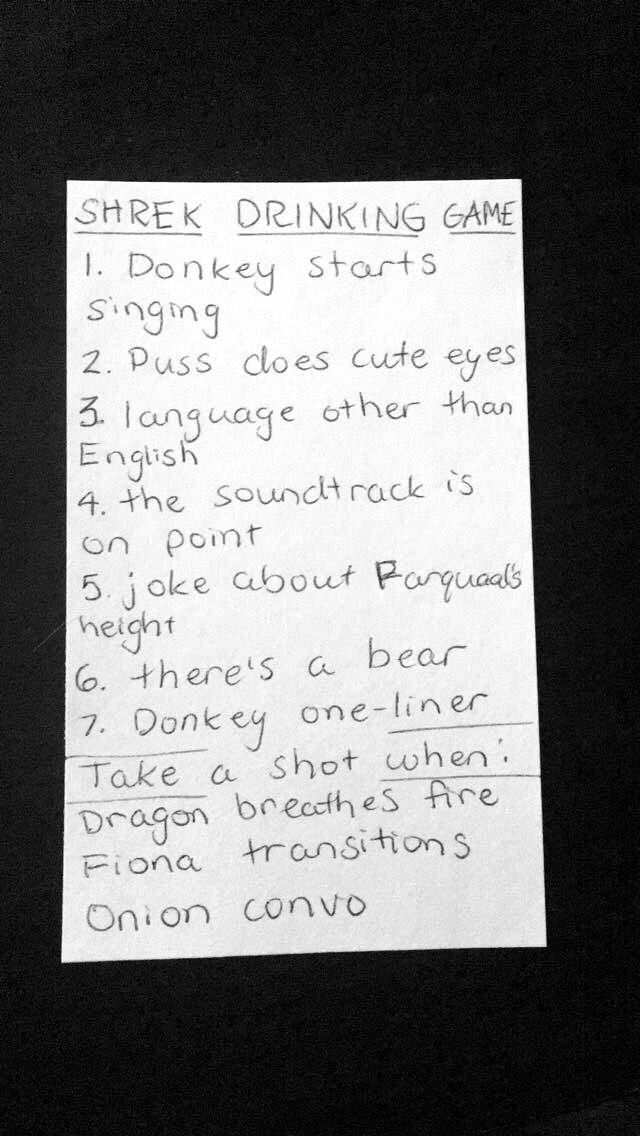 a piece of paper with writing on it that says shrek drinking game 1 donkey starts