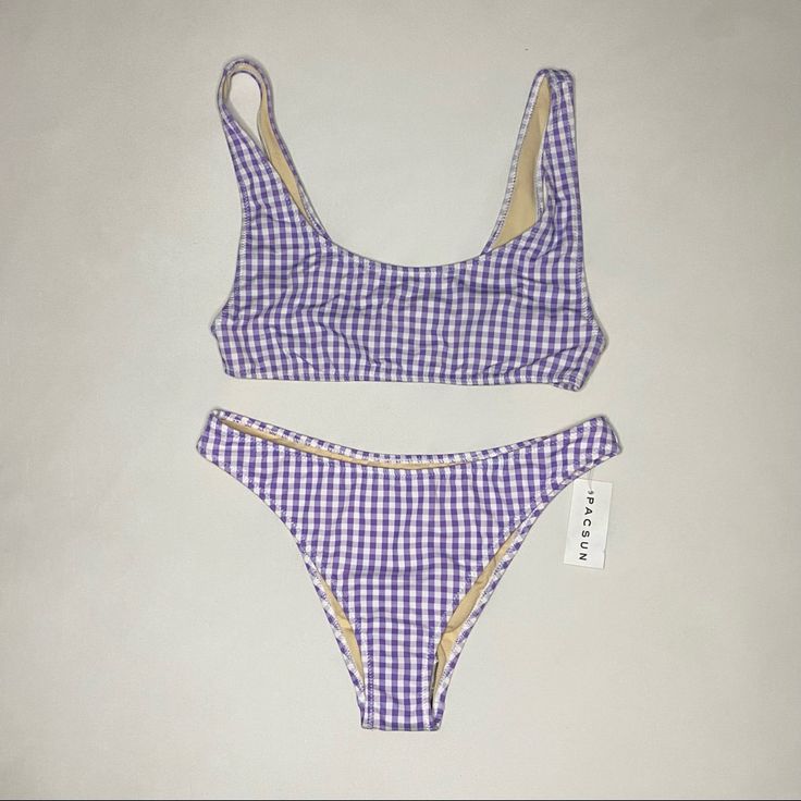 Pacsun Purple Gingham Bikini Set | Nwt Size M Top And Bottom Non Adjustable Unpadded High Rise Bottoms Gingham Pattern In A Light Purple Color Nwt (Tag From Top Was Cut Off) Measurements Upon Request Bundle To Save Plaid Swimwear For Spring Vacation, Gingham Swimwear For Sunbathing In Spring, Spring Gingham Swimwear For Sunbathing, Casual Gingham Swimwear For Spring, Gingham Swimwear For Sunbathing During Beach Season, Gingham Swimwear For Summer Beach Party, Gingham Swimwear For Beach Party Season, Summer Triangle Top Swimwear For Picnic, Triangle Top Swimwear For Summer Picnic