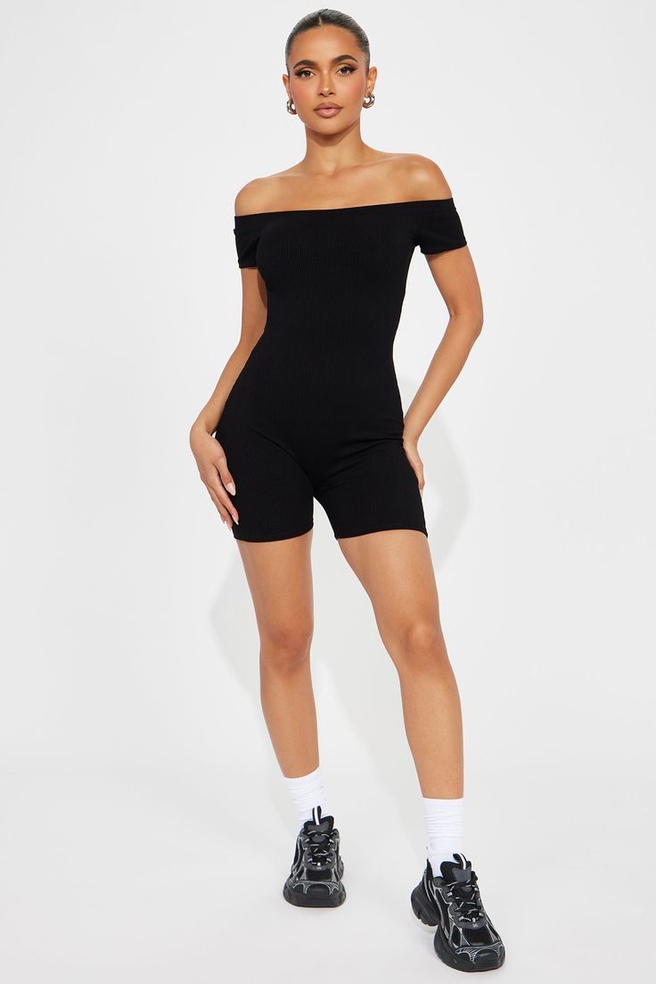 Available In Black And Coral. Romper Off Shoulder Biker Short Stretch Compression Rib 86% Rayon 14% Spandex Imported | Gabby Snatched Romper in Black size XS by Fashion Nova Fitted Casual Summer Activewear, Casual Fitted Activewear For Summer, Fitted Short Sleeve Activewear For Spring, Fitted Short Sleeve Spring Activewear, Fitted Seamless Activewear For Spring, Fitted Mini Length Spring Activewear, Black Short Sleeve Activewear, Seamless Fitted Activewear For Spring, Black Short Sleeve Elastane Activewear