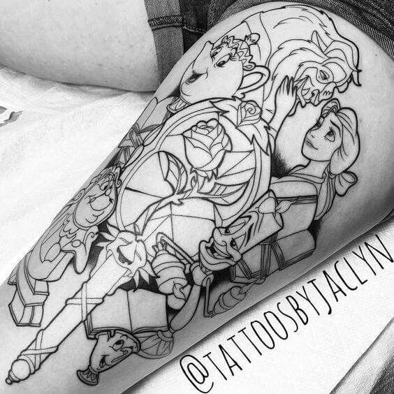 this is a black and white photo of some cartoon character tattoos on the leg,