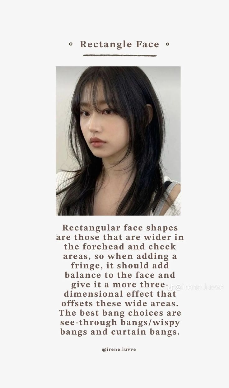 Rectangle Face Shape Haircuts, Bangs Rectangle Face, Rectangle Hairstyles, Haircut For Inverted Triangle Face Shape, Rectangle Face Haircut, Bangs For Rectangle Face, Haircuts For Rectangle Face Shape, Bangs For Oblong Face, Hair For Rectangle Face Shape