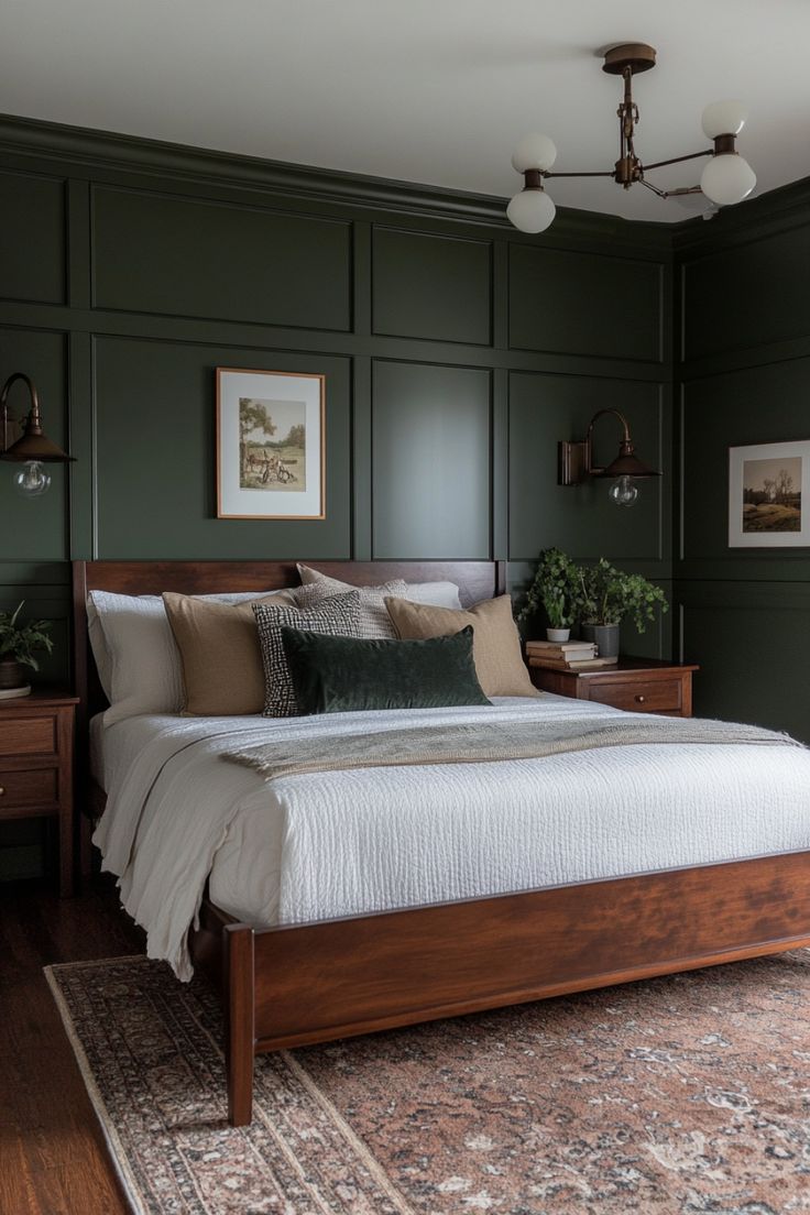 a bedroom with green walls and a bed in the middle is decorated with wood furniture